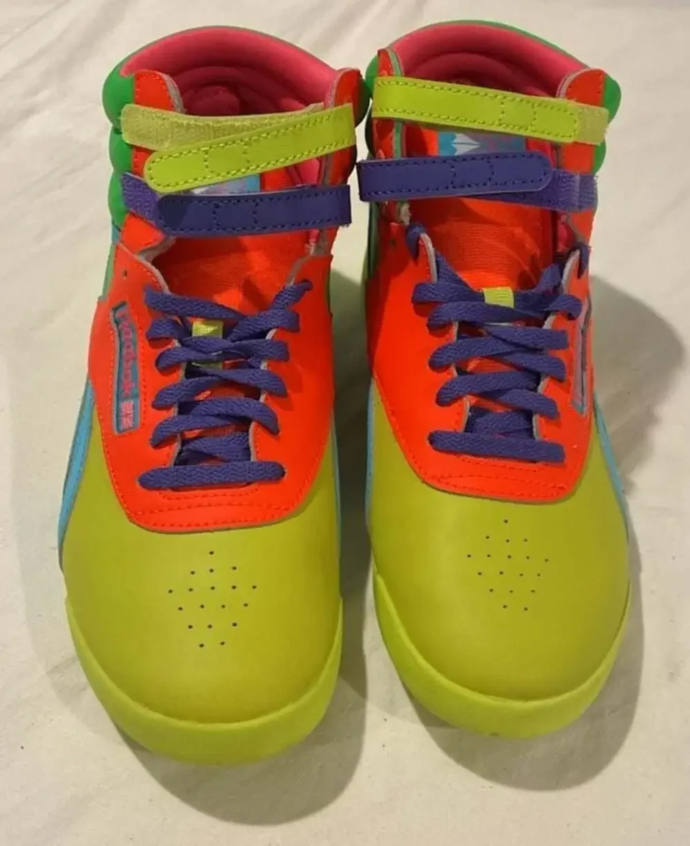 Reebok Grade School Freestyle Hi Brights Acid Yellow Orange Flavor Atomic Pink